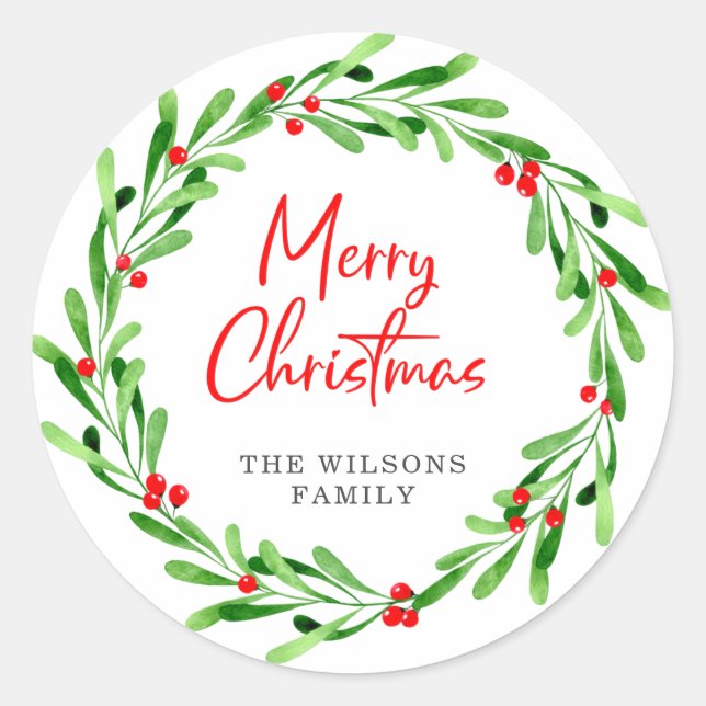 Christmas Watercolor Berries and Greenery Wreath Classic Round Sticker (Front)