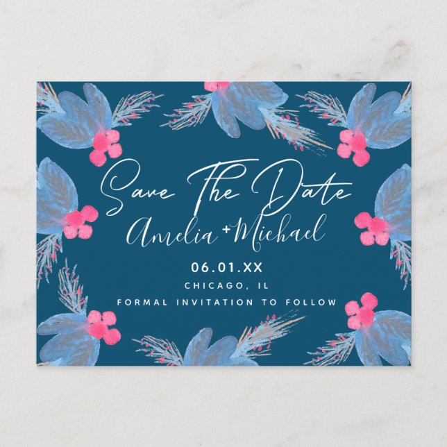 Christmas Watercolor Berry Blue Save the Date Postcard (Front)
