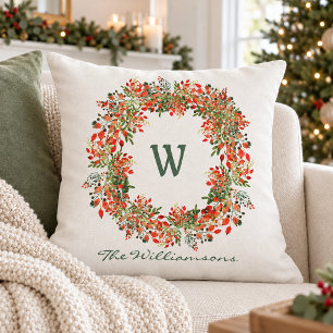 Christmas Watercolor Berry Wreath Family Monogram Cushion