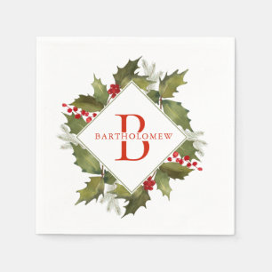 Christmas Watercolor Big Monogram Holly Wreath Red Napkin
