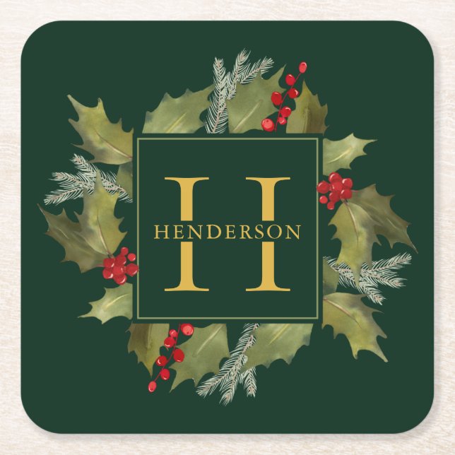 Christmas Watercolor Big Monogram Holly Wreath Square Paper Coaster (Front)