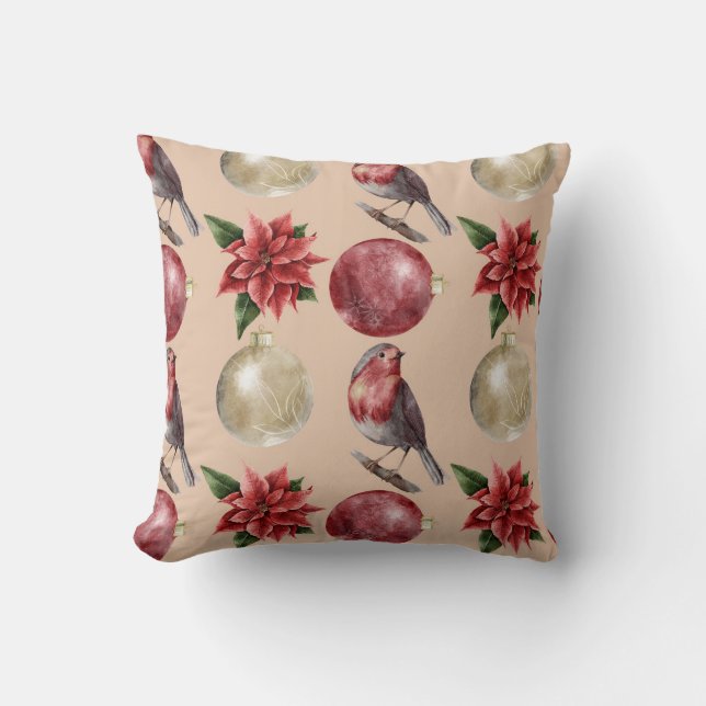 Christmas Watercolor Birds Baubles Pattern Cushion (Front)