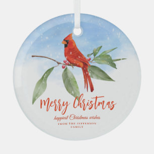 Christmas Watercolor Blue Green Red Cardinal Bird Glass Tree Decoration