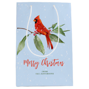 Christmas Watercolor Blue Green Red Cardinal Bird Medium Gift Bag