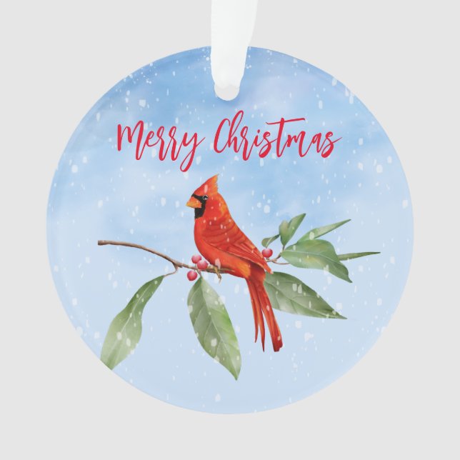 Christmas Watercolor Blue Green Red Cardinal Bird Ornament (Front)