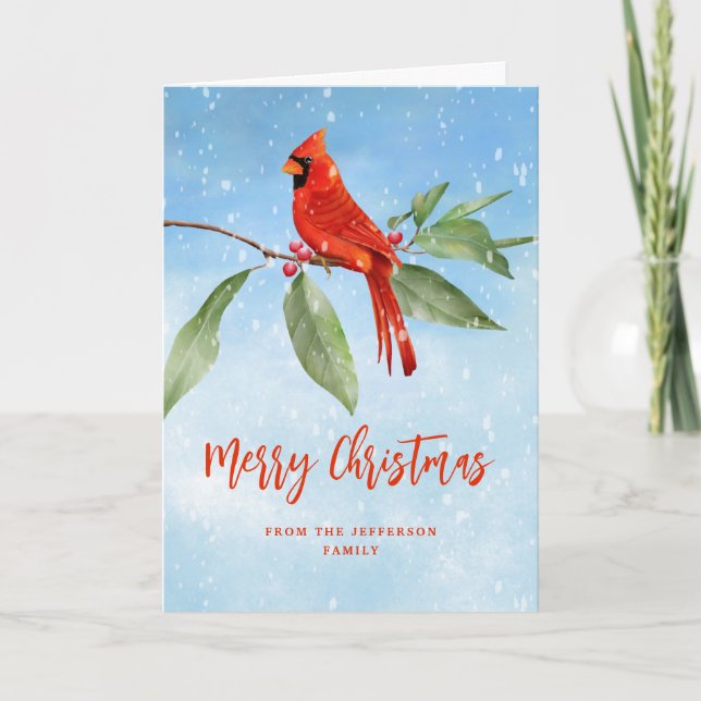 Christmas Watercolor Blue Red Cardinal Bird Photo Holiday Card (Front)
