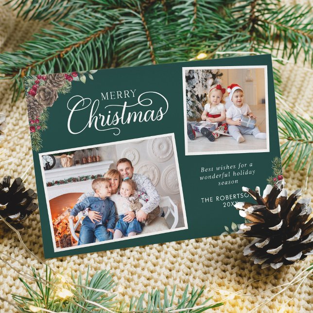 Christmas Watercolor Botanical 2 Photo Dark Green  Holiday Card (Creator Uploaded)