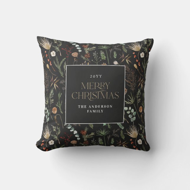 Christmas watercolor botanical floral dark moody cushion (Front)