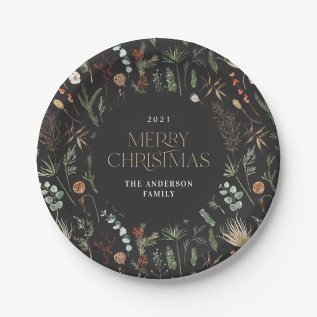 Christmas watercolor botanical floral dark moody paper plate (Front)