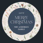 Christmas watercolor botanical floral navy blue classic round sticker<br><div class="desc">Christmas foliage watercolor botanical floral dark moody modern natural cream and navy blue holiday gift wrap sticker favour design.</div>