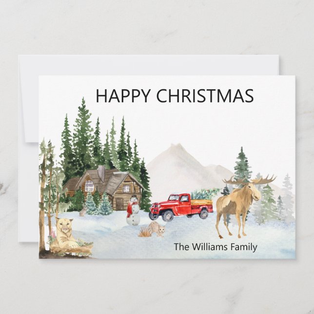 Christmas Watercolor Canada Woodland Moose Cougar Holiday Card (Front)