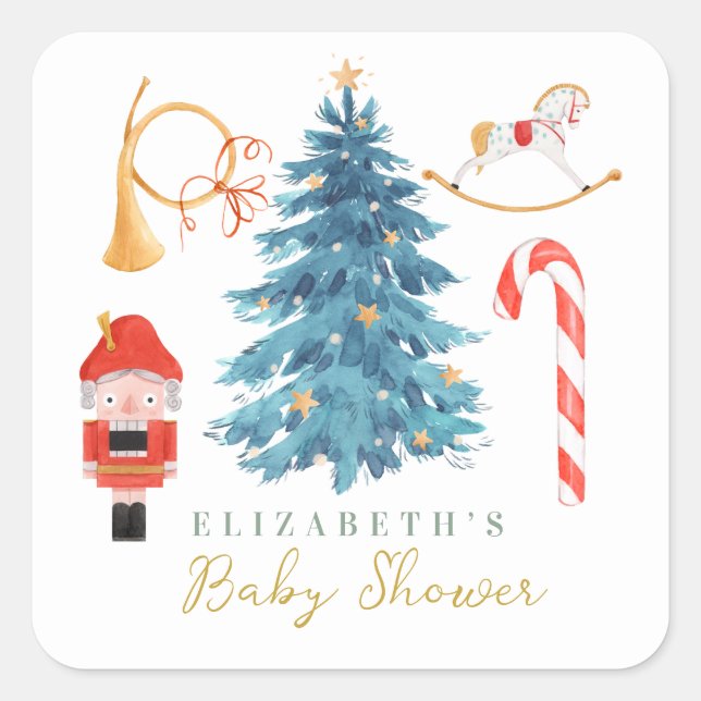Christmas Watercolor Cute Tree Baby Shower  Square Sticker (Front)