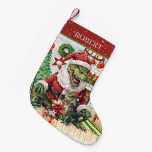 Christmas watercolor dinosaur add name small christmas stocking