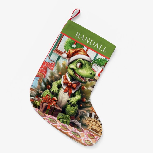 Christmas watercolor dinosaur add name small christmas stocking (Front (Hanging))