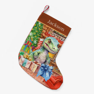 Christmas watercolor dinosaur add name small christmas stocking