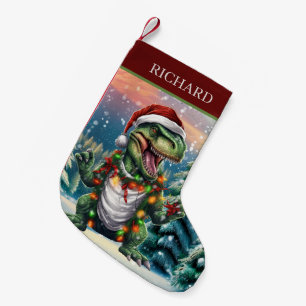 Christmas watercolor dinosaur add name small christmas stocking