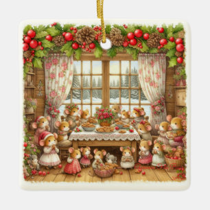 Christmas watercolor family mouses ceramic ornament