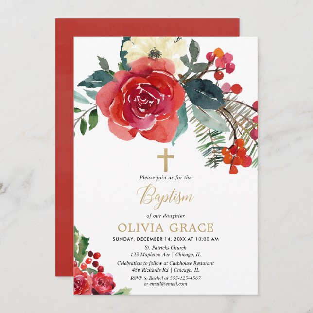 Christmas watercolor floral elegant baptism invitation (Front/Back)