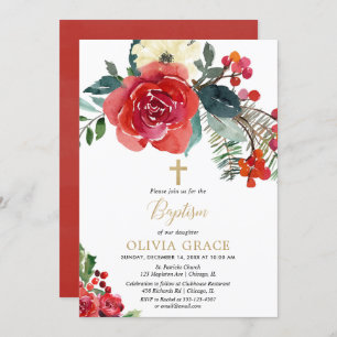 Christmas watercolor floral elegant baptism invitation