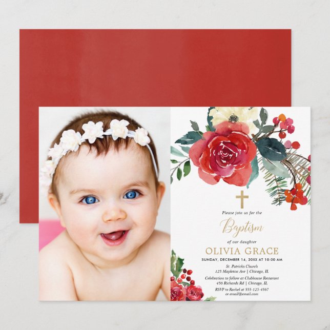 Christmas watercolor floral elegant photo baptism invitation (Front/Back)