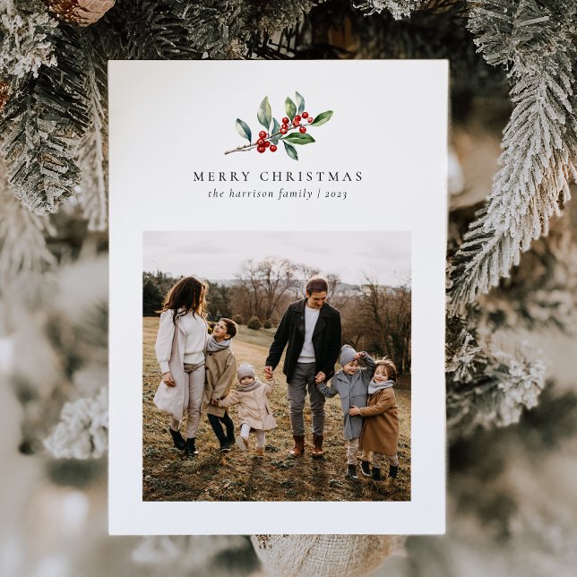 Christmas Watercolor Floral Five Photo Collage Holiday Card (Creator Uploaded)