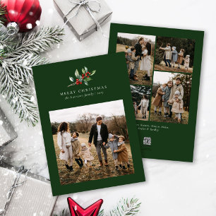 Christmas Watercolor Floral Five Photo Collage Holiday Card