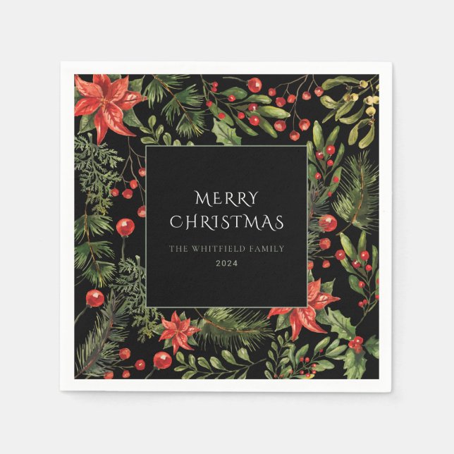 Christmas Watercolor Floral Greenery Family Paper Napkin (Front)