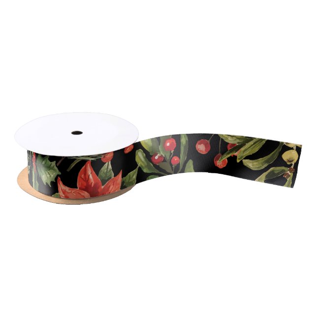 Christmas Watercolor Floral Greenery Satin Ribbon (Spool)