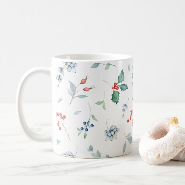Christmas Watercolor Floral Holiday Traditional Coffee Mug (With Donut)