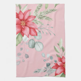 Christmas Watercolor Floral Poinsettia & Greenery Tea Towel
