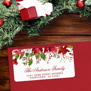 Christmas Watercolor Floral  Red Poinsettia Label