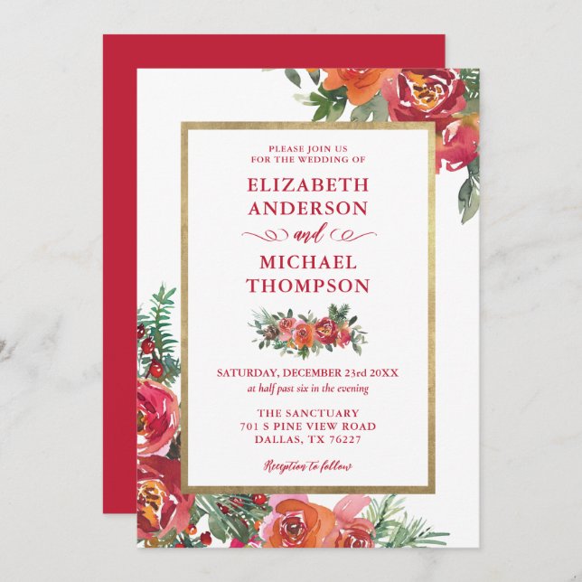 Christmas Watercolor Floral Winter Wedding Invitation (Front/Back)