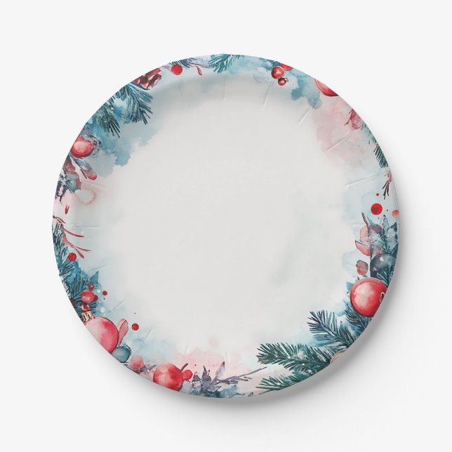 Christmas Watercolor Garland Paper Plates (Front)