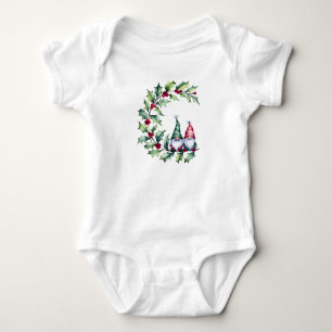 Christmas Watercolor Gnomes Sitting On Holly Twig Baby Bodysuit