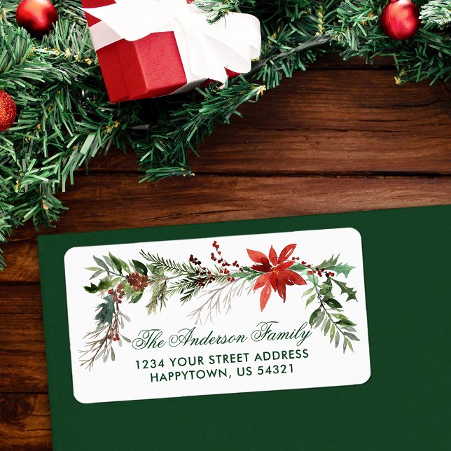 Christmas Watercolor Green Pines Poinsettia Label (Customize to change text color, style or text size.)