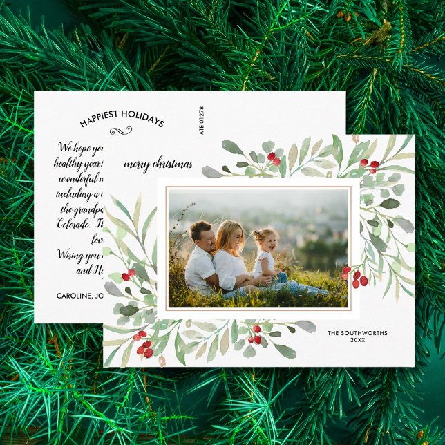 Christmas Watercolor Greenery Berries Family Photo Postcard (Creator Uploaded)
