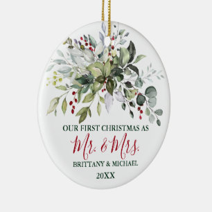 Christmas Watercolor Greenery Berries PHOTO BACK Ceramic Tree Decoration