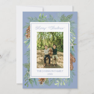 Christmas Watercolor Greenery Botanical Dusty Blue Holiday Card
