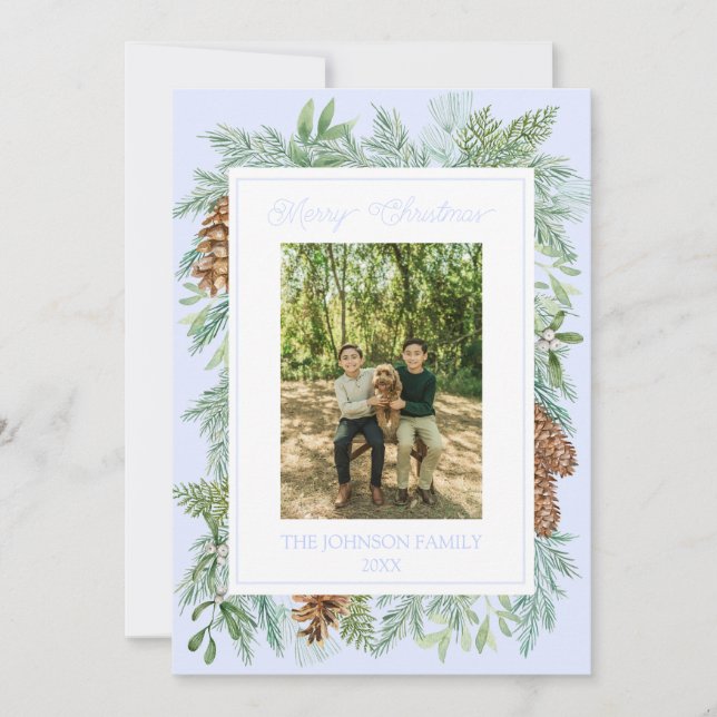 Christmas Watercolor Greenery Botanical Pale Blue Holiday Card (Front)