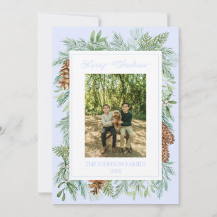 Christmas Watercolor Greenery Botanical Pale Blue Holiday Card