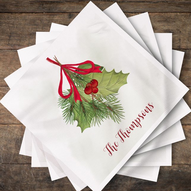 Christmas Watercolor Greenery Holiday Holly Berry Napkin (Christmas holiday watercolor greenery and red holly berries. )