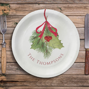 Christmas Watercolor Greenery Holiday Holly Berry Paper Plate