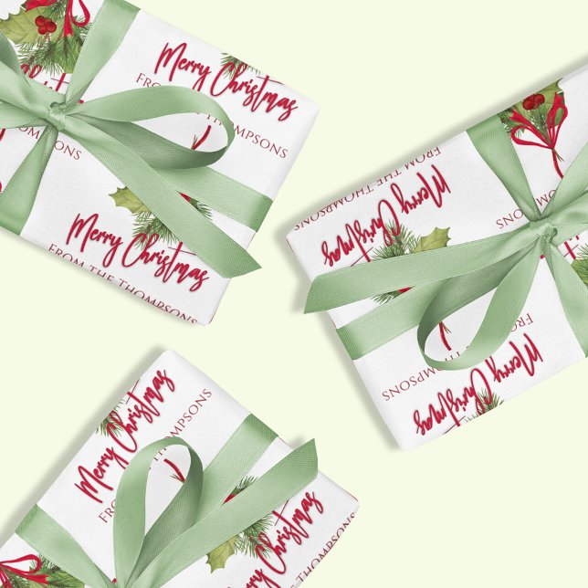 Christmas Watercolor Greenery Red Calligraphy Wrapping Paper Sheet (Merry Christmas holiday watercolor greenery and holly berries wrapping paper set.)