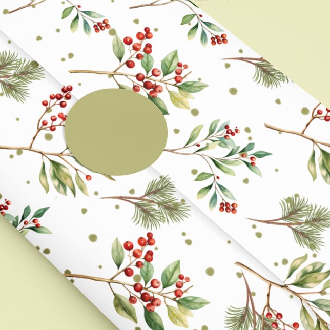 Christmas Watercolor Greenery Red Holly Tissue Paper (Christmas holiday red holly and greenery tissue paper)