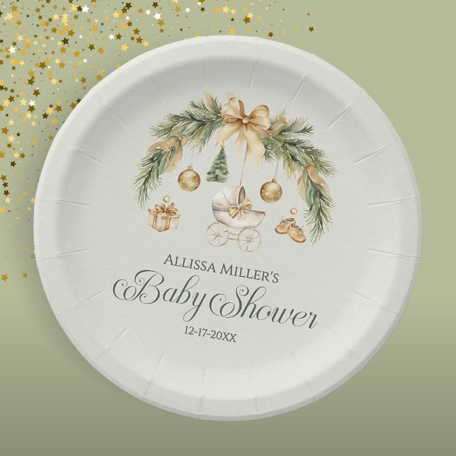Christmas Watercolor Greenery Winter Baby Shower Paper Plate (Creator Uploaded)