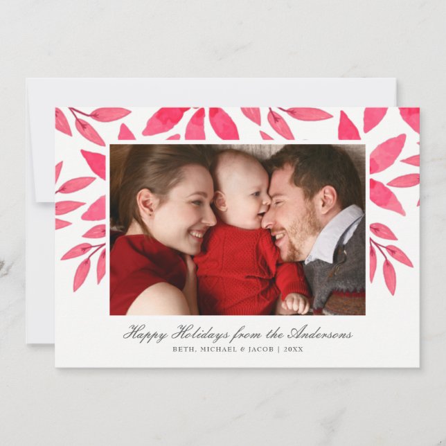 Christmas Watercolor Hand-Painted Poinsettia Photo Holiday Card (Front)