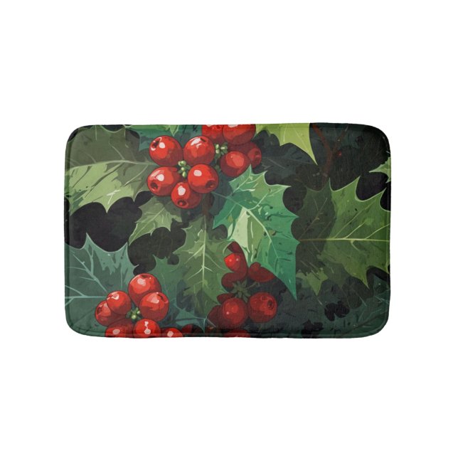 Christmas watercolor Holly berry leaves botanical  Bath Mat (Front)