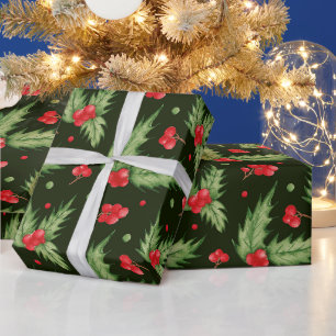 Christmas Watercolor Holly Berry with Leaves  Wrapping Paper