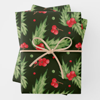 Christmas Watercolor Holly Berry with Leaves  Wrapping Paper Sheet