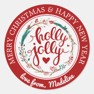 Christmas Watercolor - Holly Jolly Wreath Classic Round Sticker
